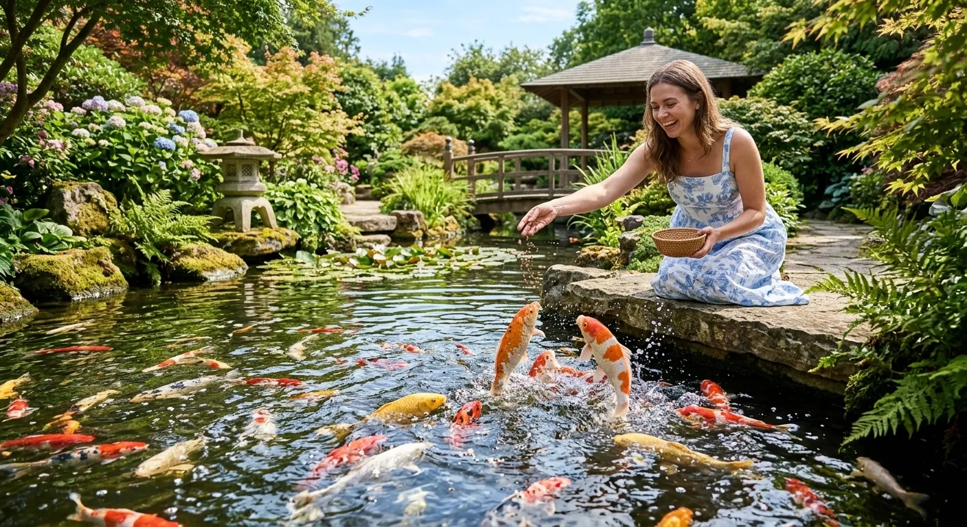 Japanese-style garden koi pond with a wooden bridge, stone lantern and koi gathering at the edge