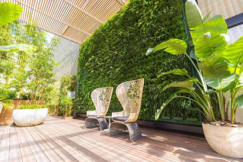Modern patio with a lush green living wall and tropical potted plants