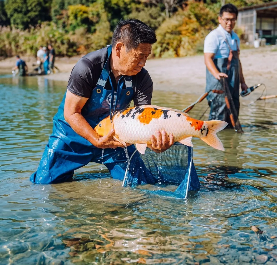 Experienced koi keeper gently lifting a large koi from the water in a net
