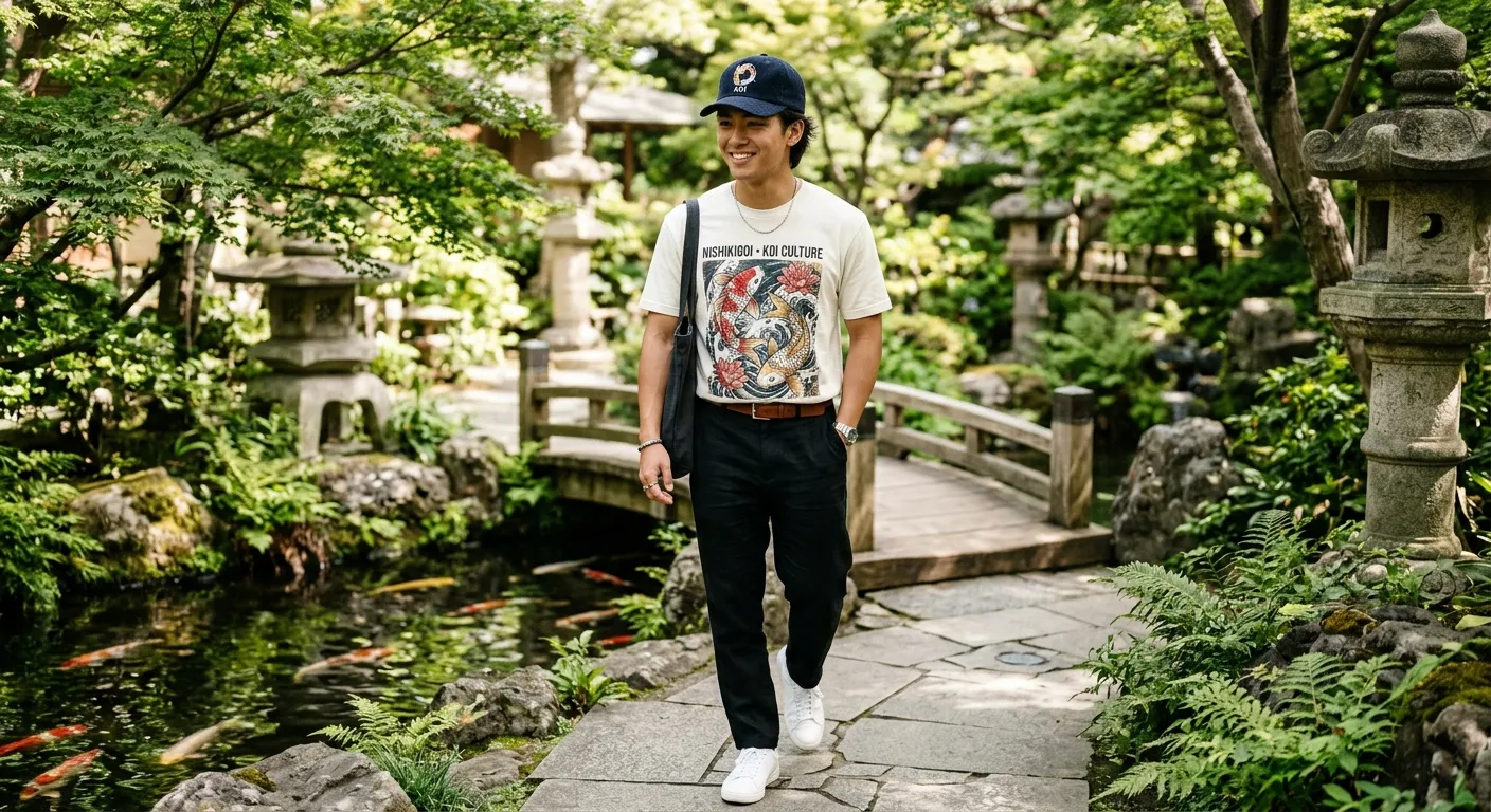 Smiling young man in a koi graphic t-shirt and cap walking through a Japanese garden past a koi pond
