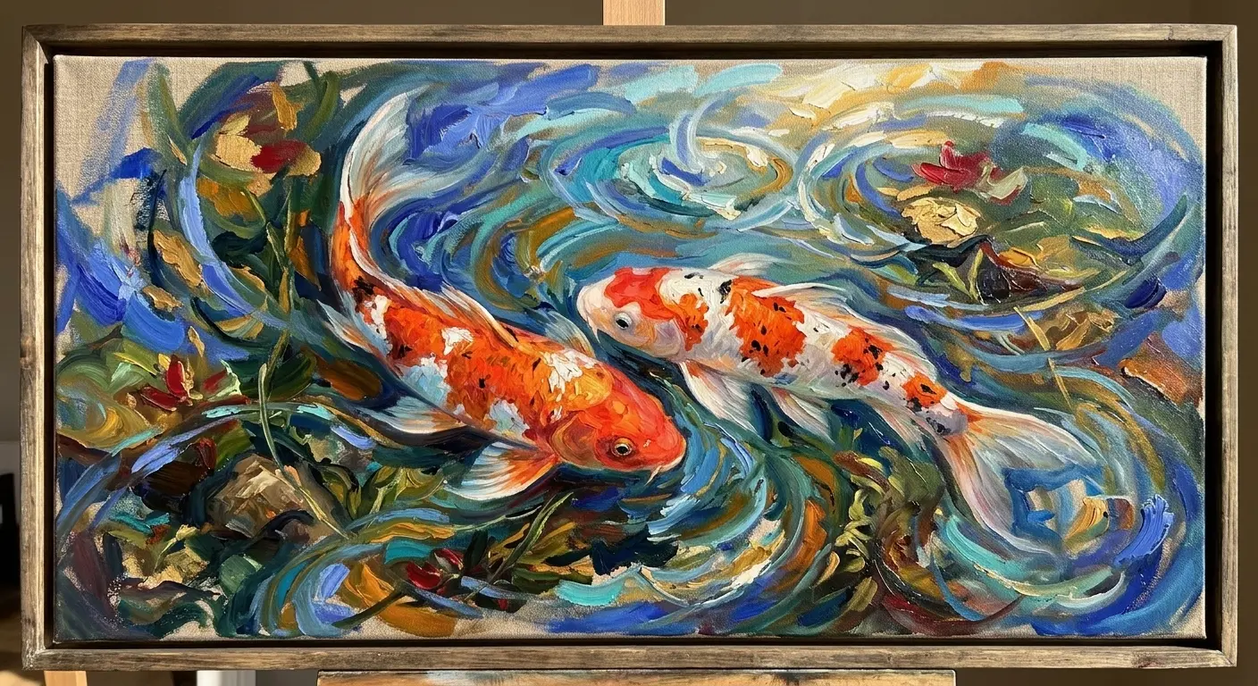Colorful oil painting of two koi swimming through swirling blue and green water