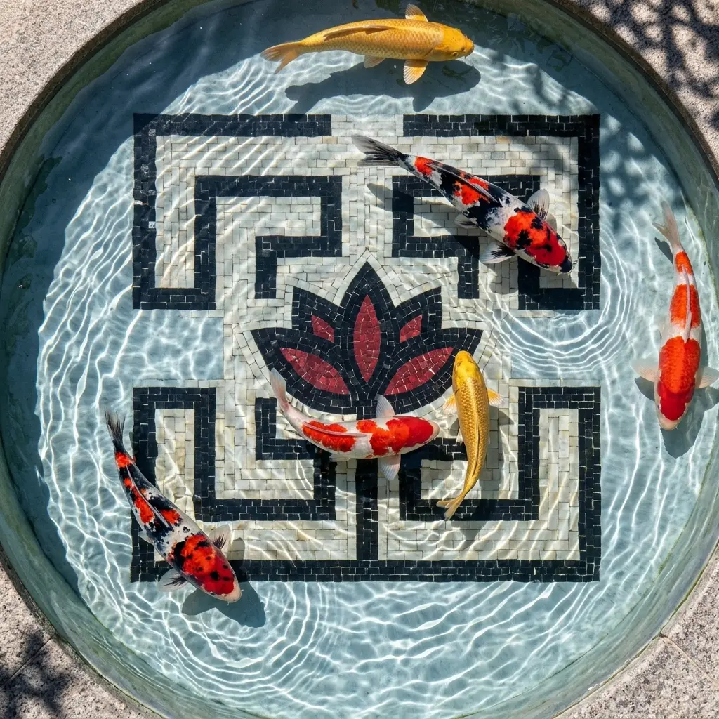 Koi swimming over a lotus and maze mosaic in a round pool