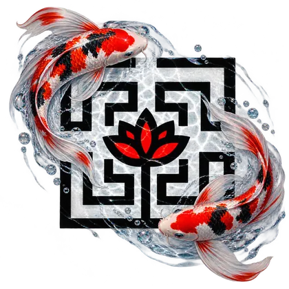 SevenKOI lotus and maze emblem with two koi swimming around it