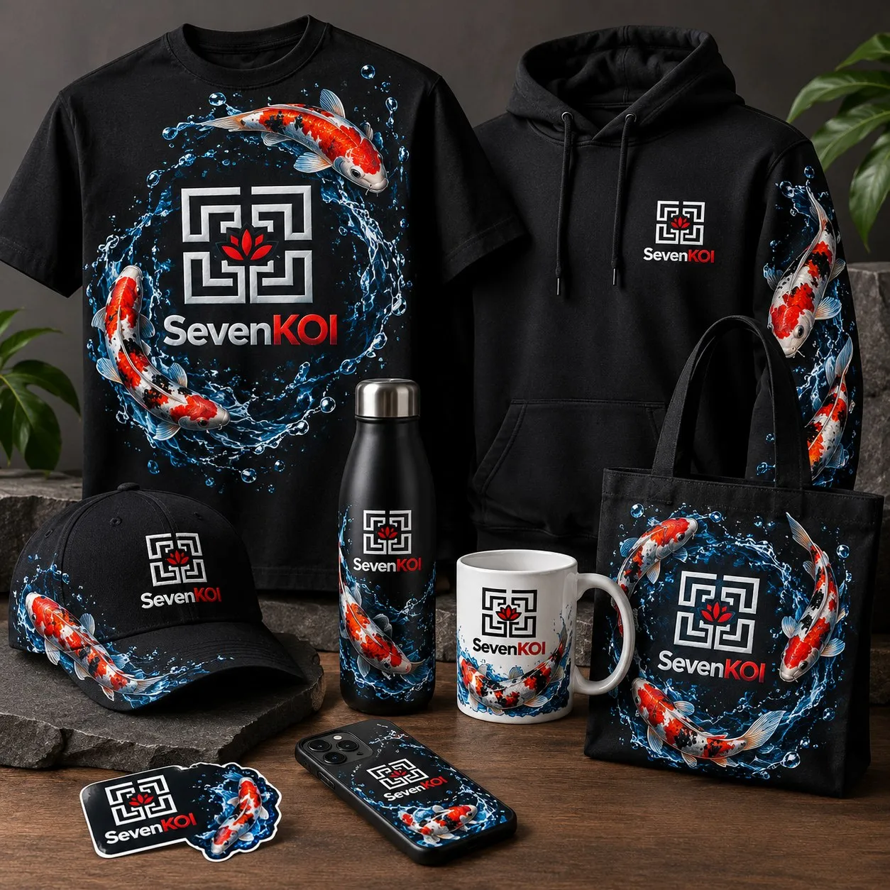 SevenKOI merchandise collection: black t-shirt and hoodie with koi artwork, cap, water bottle, mug, tote bag, phone case and sticker